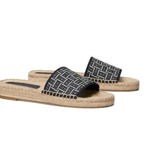 NIB Tory Burch logo espadrilles slide Navy Blue